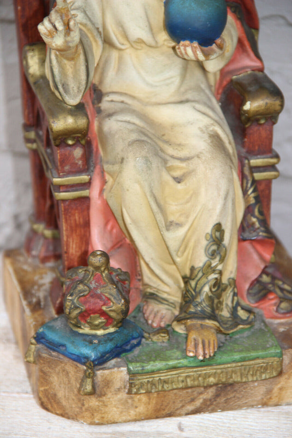 Antique Large Chalkware polychrome religious christ King throne Statue figurine