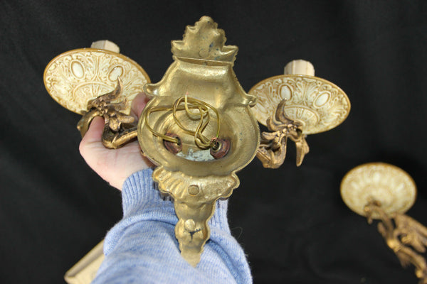 PAIR antique French brass Phoenix bird mythological Wall lights sconces rare