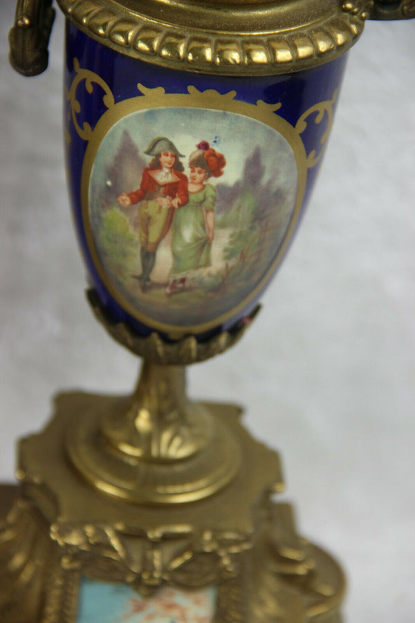 Gorgeous French Porcelain victorian scene Clock set candelabras urns FHS
