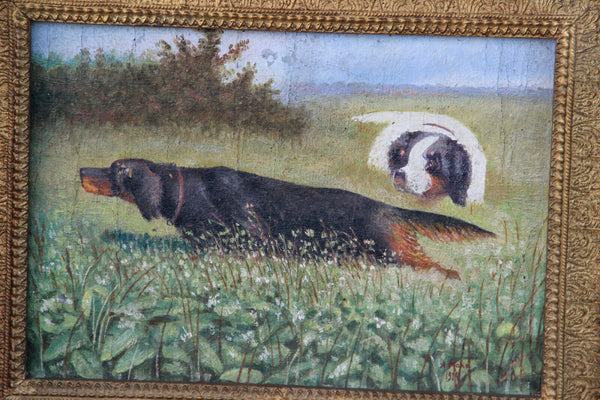 PAIR Antique oil canvas paintings hunting dogs field signed 1914
