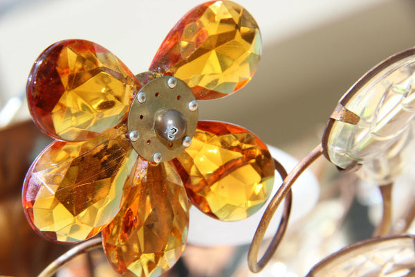 French Mid-Century Cut Amber Crystal Floral Pendant Chandelier Maison Baguès