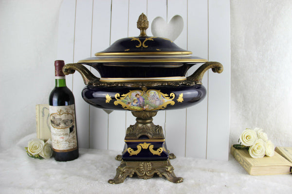 XXL french limoges marked porcelain centerpiece coupe lidded victorian scene