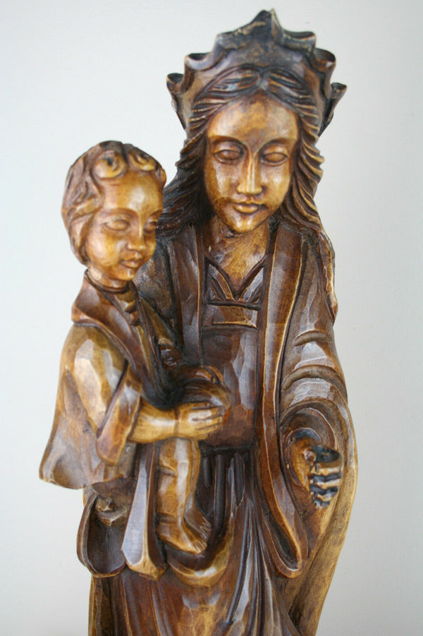 Antique Gorgeous wood carved German Madonna Mary statue religious 1920