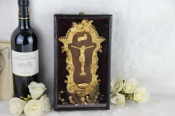 Antique french Napoleon III Crucifix holy font framed glass religious relic