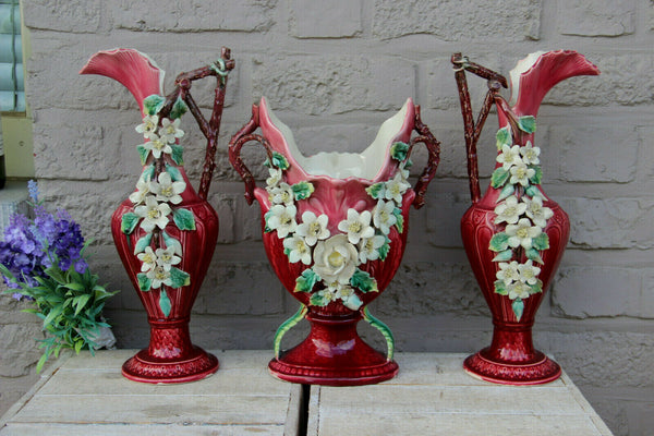 Antique french barbotine majolica set vases centerpiece relief floral decor 1900