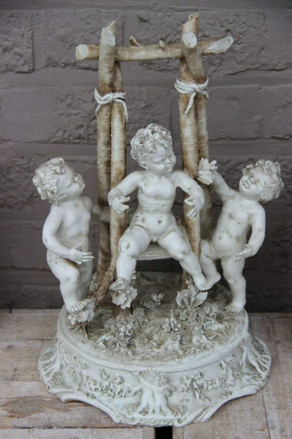 LARGE italian capodimonte marked porcelain bisque putti cherub group swing