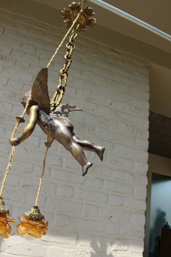 Antique French bronze angel putti pendant chandelier amber tulip shades 1900