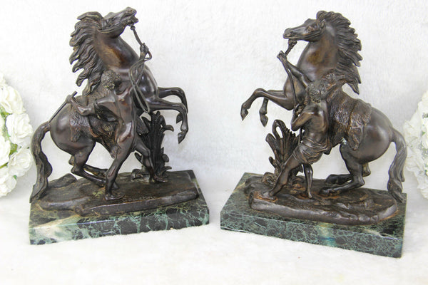 PAIR patinated bronze antique Marly horses marble base signed coustou