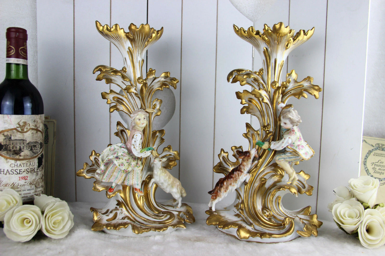 Rare French PAIR antique 19th c vieux paris porcelain Vases Sheperd figurines