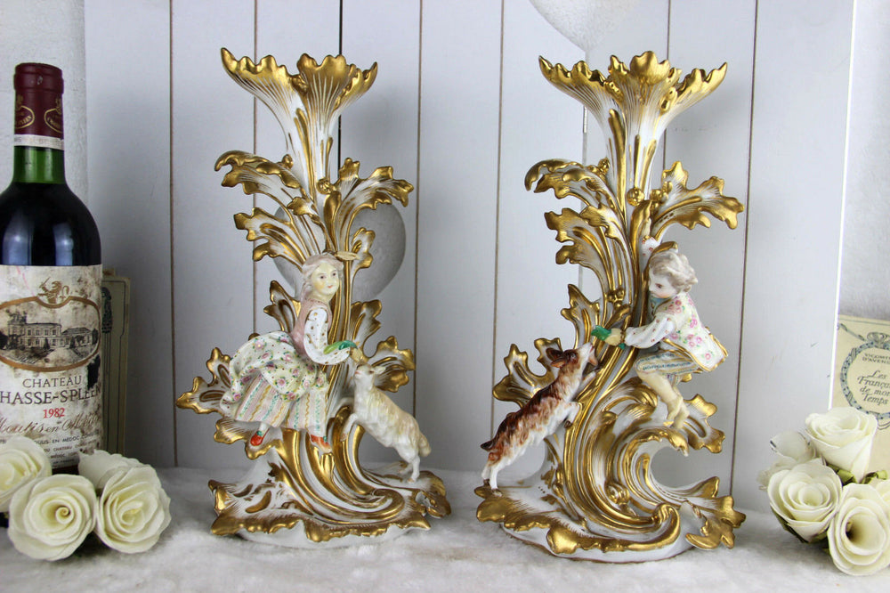 Rare French PAIR antique 19th c vieux paris porcelain Vases Sheperd figurines