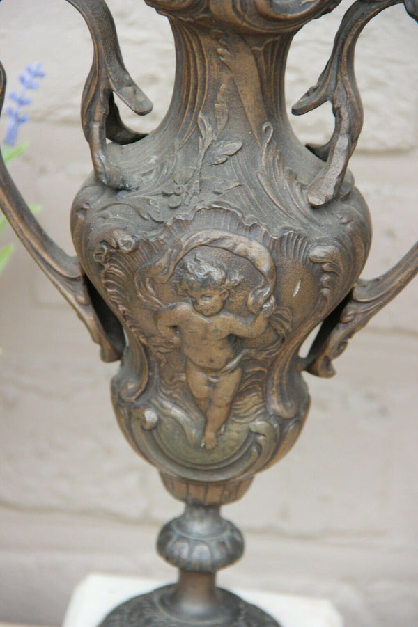 Antique French spelter bronze patina pair urns Vases putti angel marble base