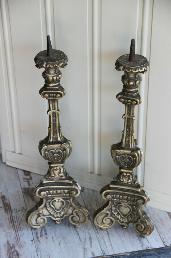 PAIR antique italian religious altar church candelabras candlestick wood carved