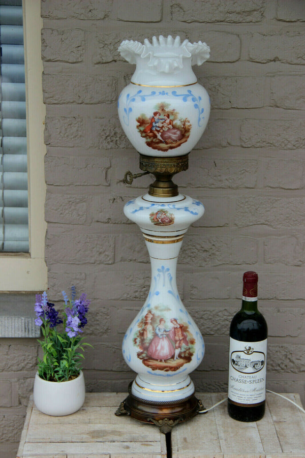 Stunning Vintage 1960 French opaline glass victorian scene table lamp rare