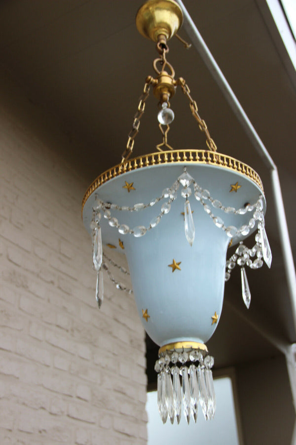 Vintage French 1980 pendant lantern chandelier  stars pendant glass drops