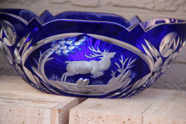 Large Vintage Czech bohemia art glass crystal Bowl hunting deer blue