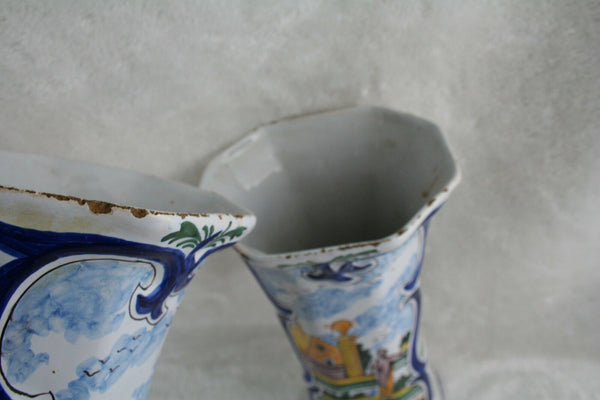 RARE antique dutch Mantle garniture Set 5 Pottery Delft polychrome Vases