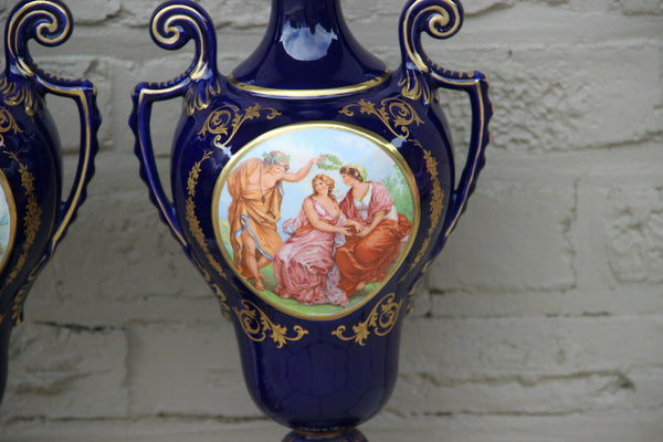 PAIR French Limoges blue porcelain romantic victorian scene Vases 1950