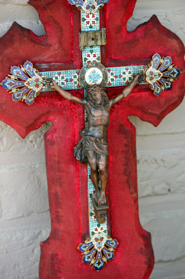 Antique French Religious holy water font bronze christ crucifix cloisonne enamel