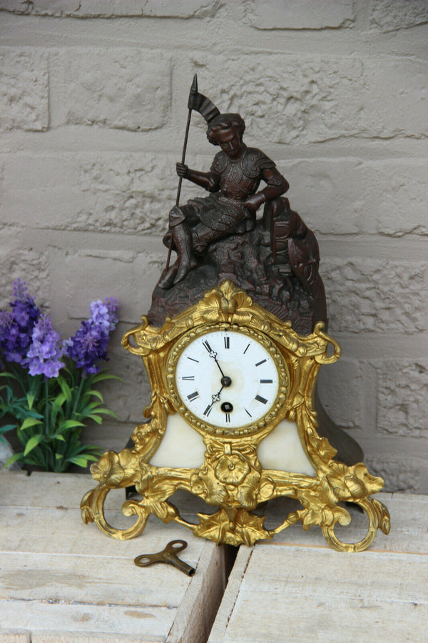French antique 19th clock Brass Spelter bronze Jeanne darc knight figurine