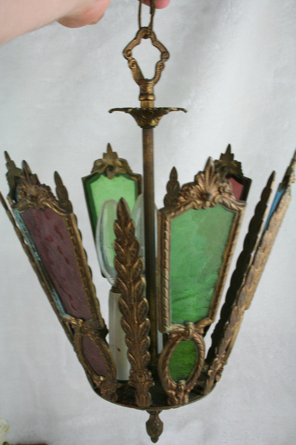 antique rare french stained cleared glass chandelier multi colour lantern lamp