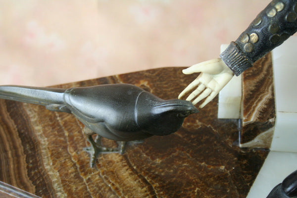 LARGE Heavy ART DECO group lady birds patinated metal / ivorine signed GORI