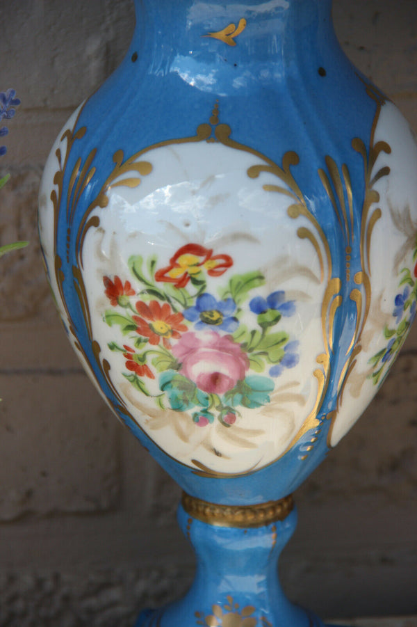 Antique PAIR French vieux paris pastel blue hand paint floral decor Vases