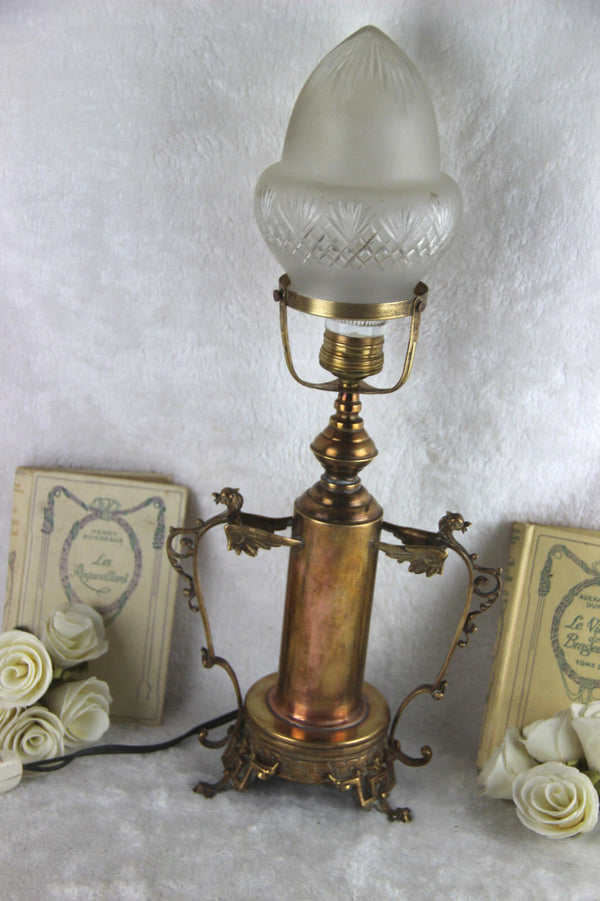 Stunning French antique copper Gothic dragon TAble desk lamp Acorn shade 1950