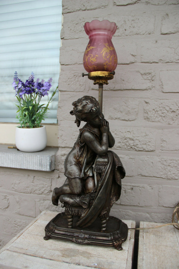 Gorgeous French Spelter bronze putti lamp glass dragon etched pink shade rare