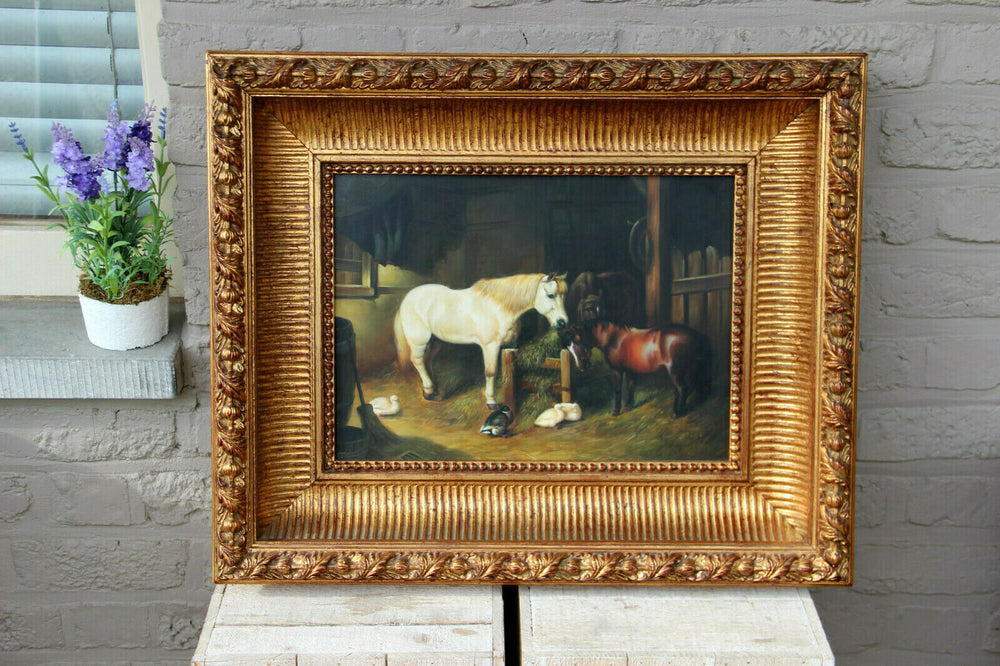 Vintage flemish oil panel painting horses duck  farm scene equestrian