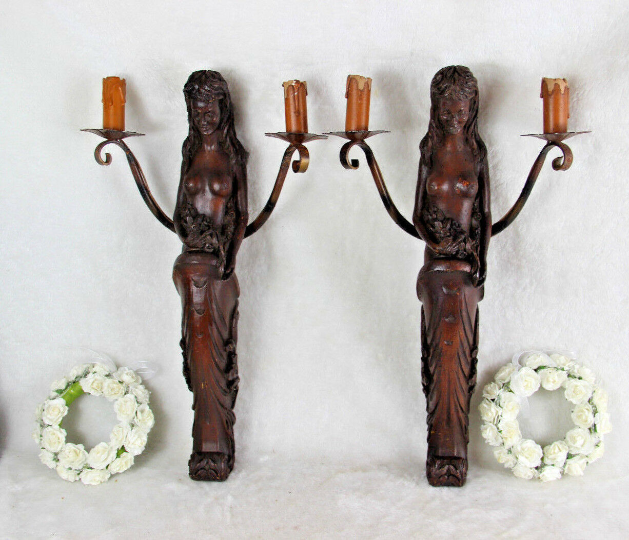 PAIR Vtg french art nouveau naked lady Caryatid Wall lights sconces wood patina