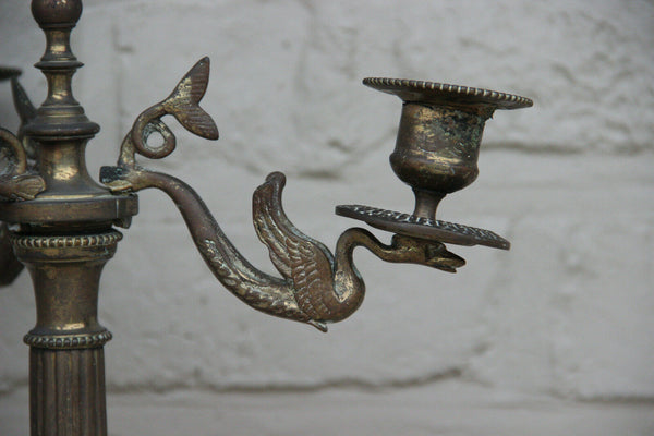 Gorgeous French pair bronze candle holders empire swan arms lion paws