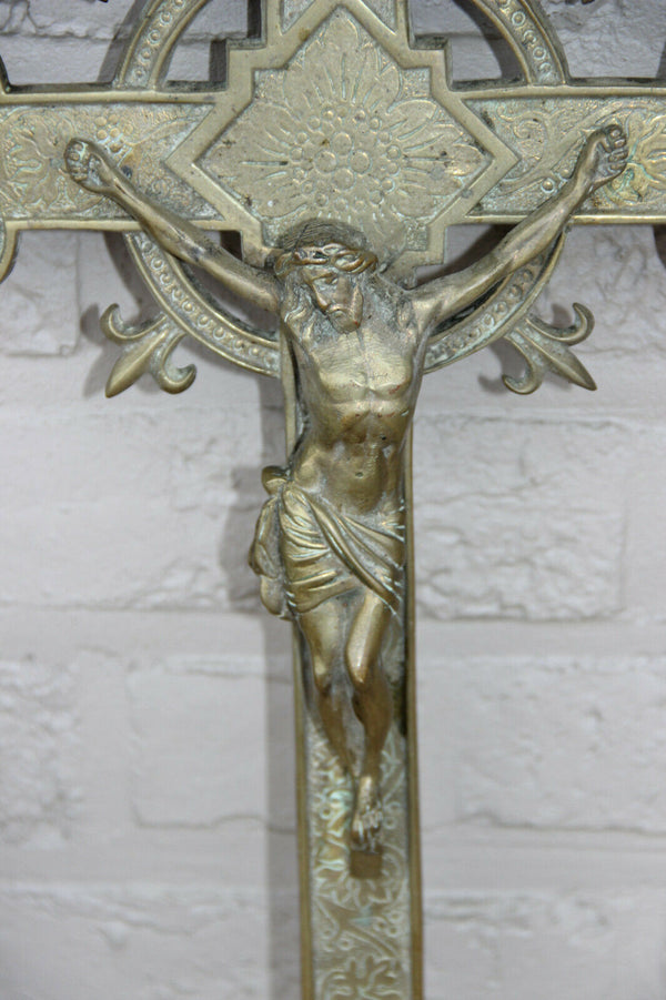 Antique XL church Religious Crucifix Bronze fleur de lys france