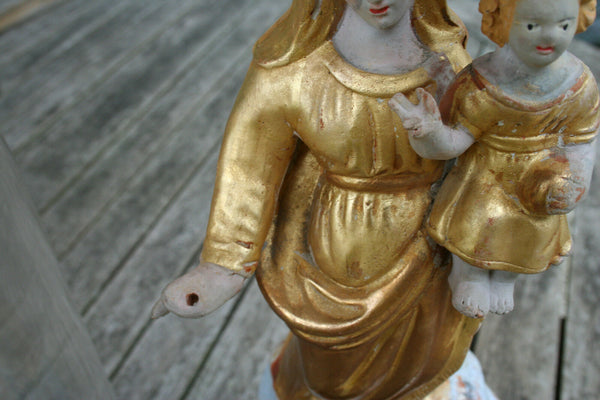 French rare polychrome 19thc Religious terracotta madonna statue glass dome