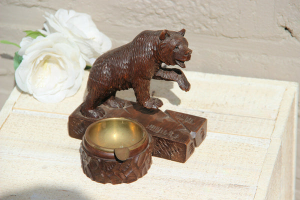 Antique hand Black forest wood carved swiss bear statue figurine ashtray