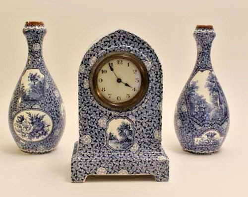 Boch Pottery Clock set Vases Forest Blue white delft decor 1925 marked
