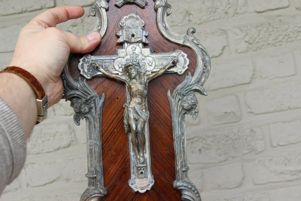 Antique French bronze wood inlaid putti head crucifix holy water font religious