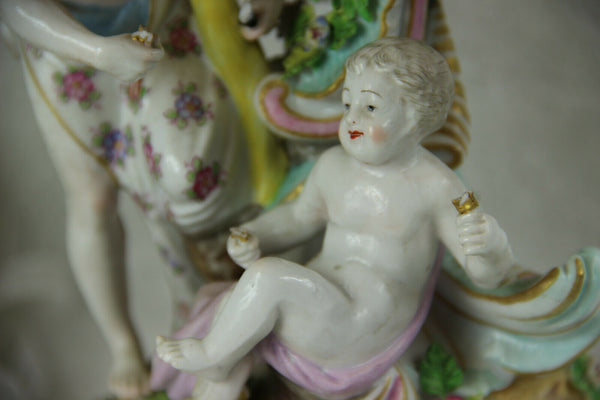 Antique porcelain table lamp figurines putti angel nude lady relief flowers