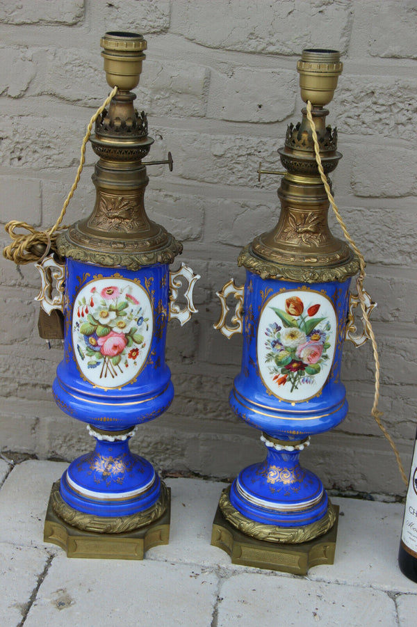 Huge PAIR French antique oil lamp Vieux paris porcelain portrait floral decor