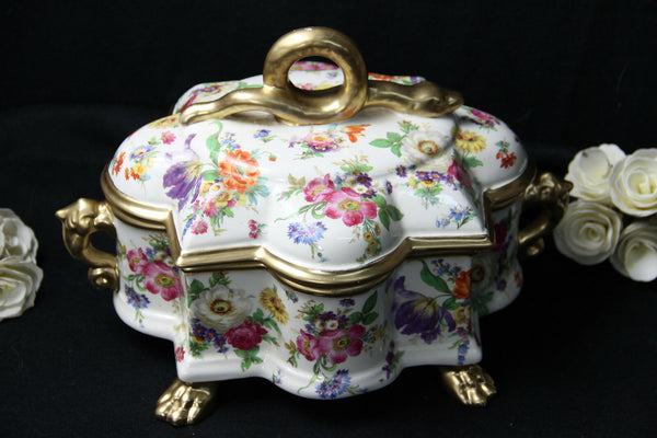 XL Antique belgian BOCH KEralux porcelain Bonbonniere box snake lion paws