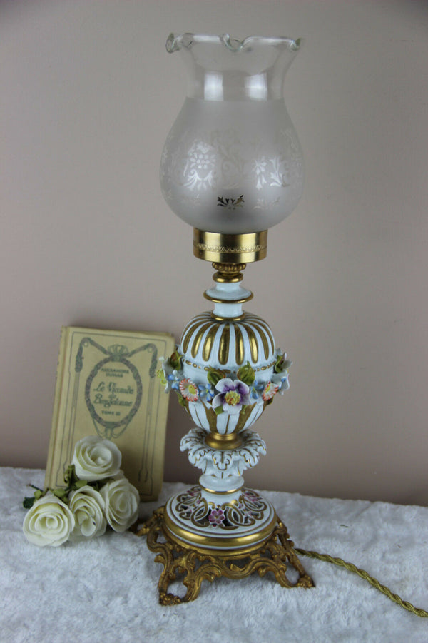 Capodimonte Italian porcelain faience relief Floral decor lamp marked 1960's