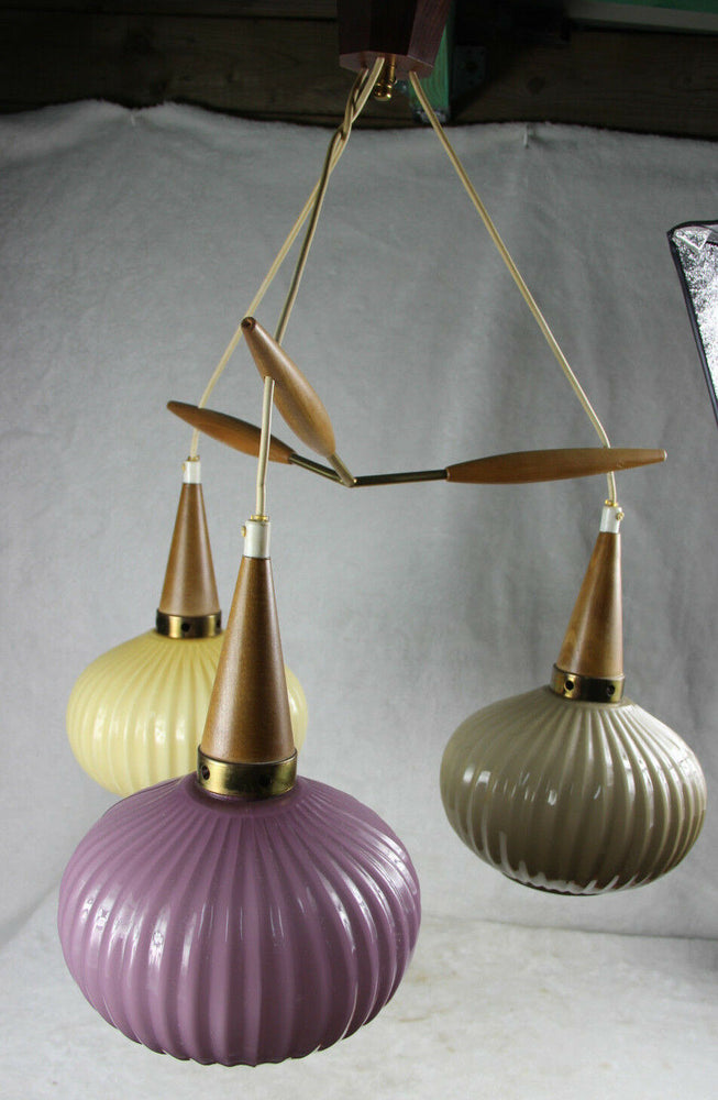 Mid century Rare multi colour Teak wood globes chandelier pendant louis kalff