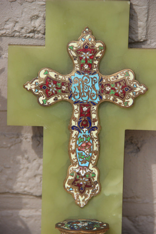Antique religious Cloisonne enamel onyx marble holy water font crucifix