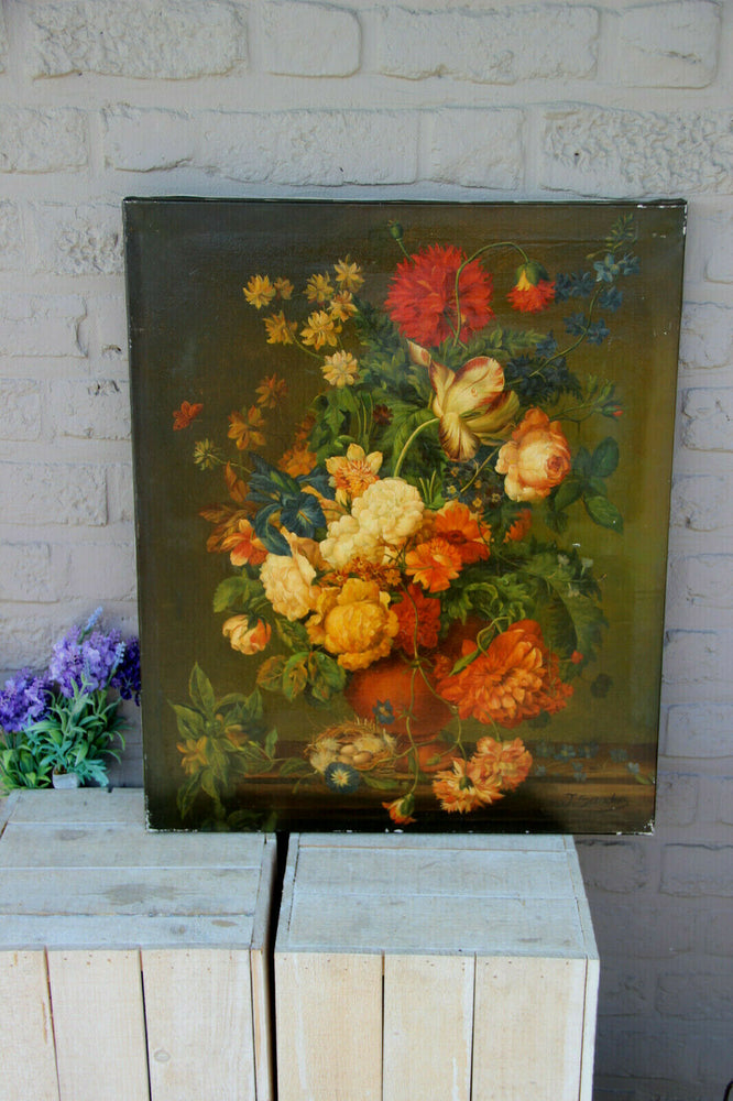 Flemish school vintage oil canvas painting floral flowers bouquet