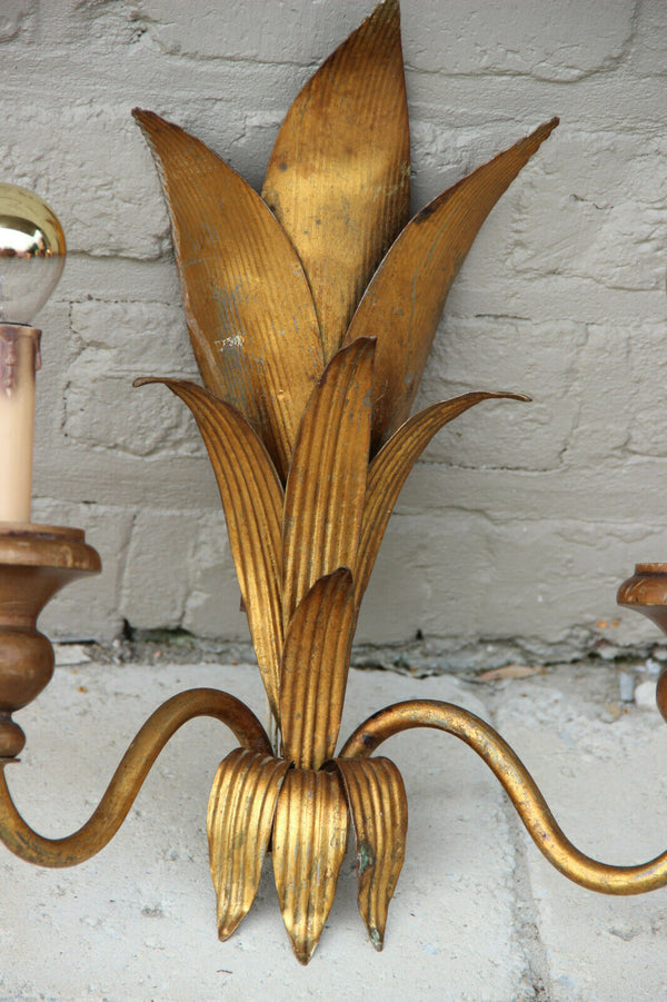 Hollywood regency PAIR Metal gold gilt wood wall lights sconces attr. jansen