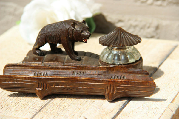 Antique hand Black forest wood carved swiss bear statue inkwell