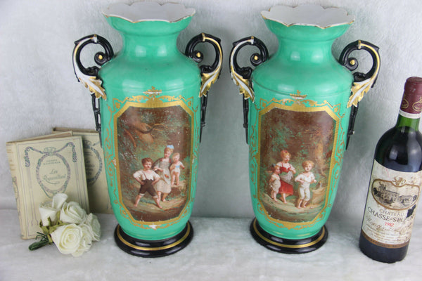 XL pair French antique vieux paris porcelain Vases romantic victorian