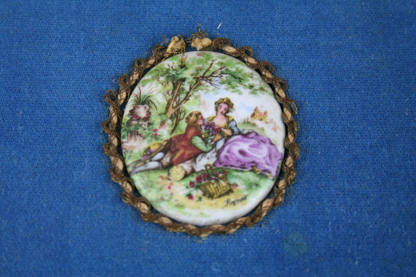 Antique FRENCH fabric box velvet nice color blue with medallion frazarte signed