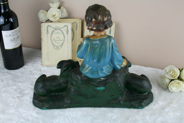 Antique French chalkware religious Lamb girl signed arnova statue sculpture