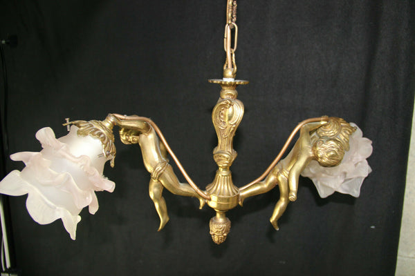 Antique French brass 2 putti cherub arms chandelier pendant pink glass shade