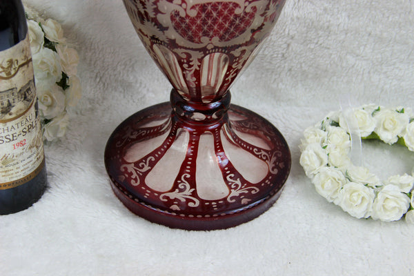 Huge Bohemian Czech crystall art glass etched Hunting dog deer ruby red vase
